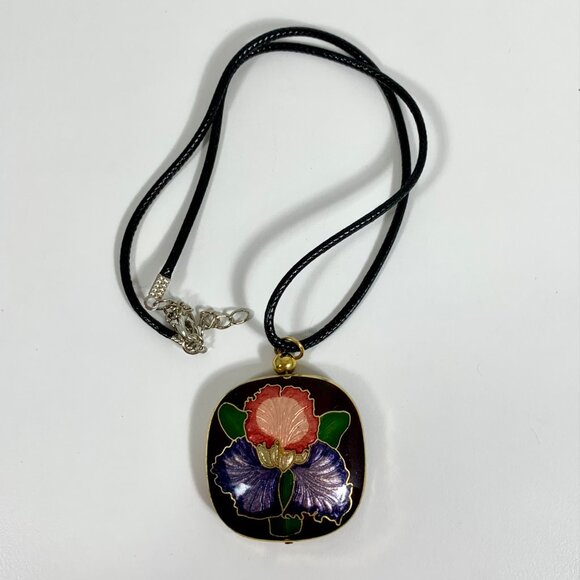 Cloisonné Iris Floral Puffy Double Sided Pendant Necklace + 16.5" Black Cord - Picture 1 of 9
